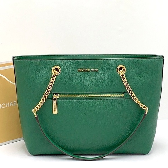 Michael Kors Jet Set Item Medium Front Pocket Shoulder Chain Tote JEWEL GREEN - Picture 2 of 16